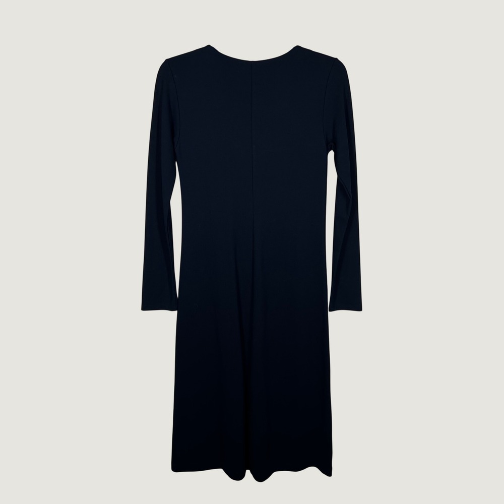 Filippa K Long Sleeve V-Neck Dress Women XS Navy Blue Solid Knit Midi Sheath